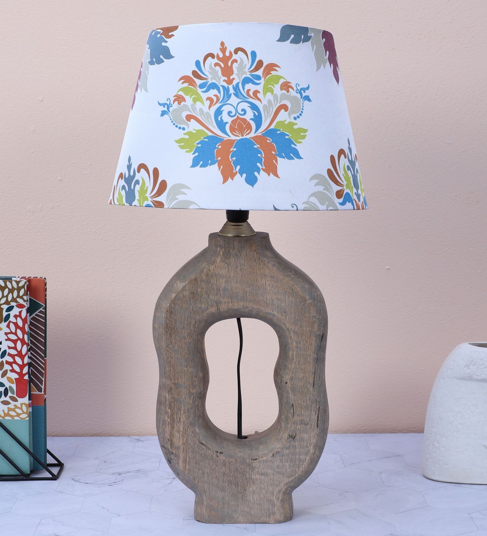 Artistry Mangowood Table Lamp With English Oak Print Satin Shade