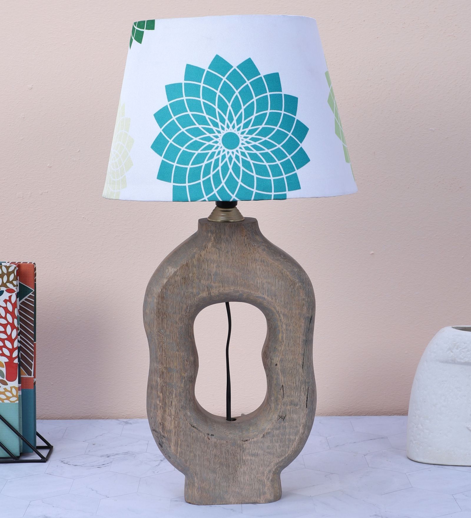 Artistry Mangowood Table Lamp With Dahlia Floral Print Satin Shade
