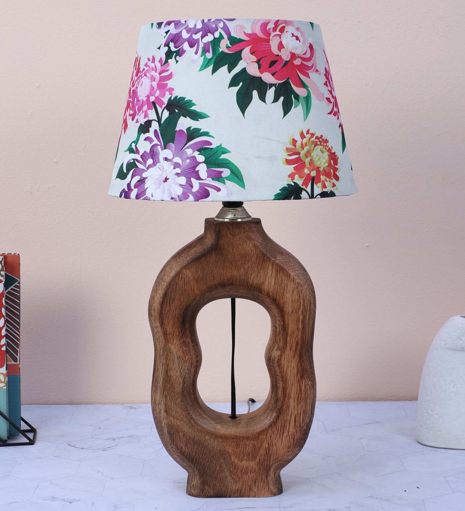 Artistry Mangowood Table Lamp With Carnation Print Satin Shade