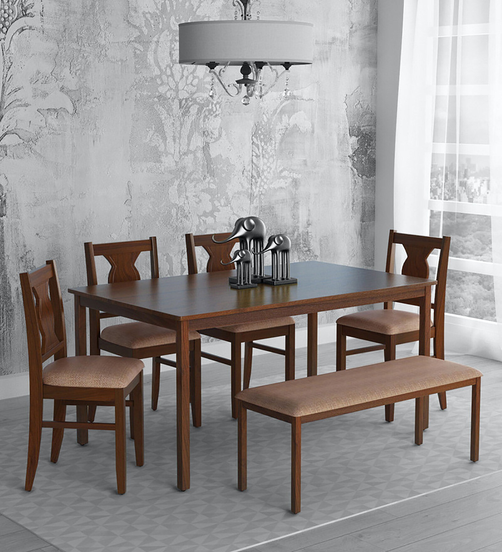 Artois Solid Wood 6 Seater Dining Set in Dark Walnut Finish with Bench