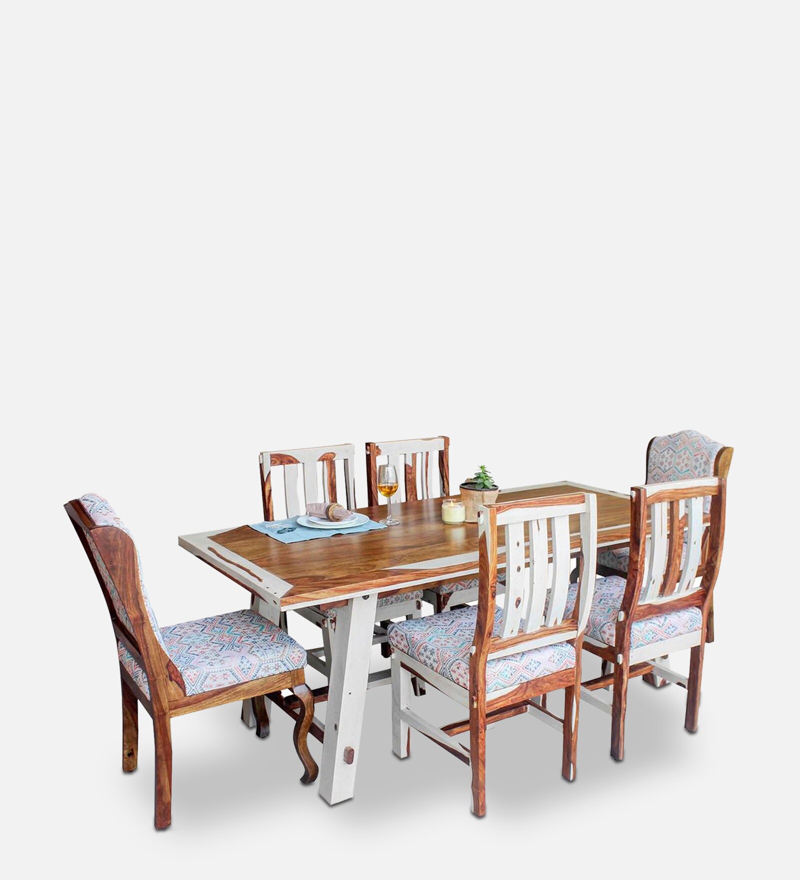 Artois Sheesham Wood 6 Seater Dining Set in Teak & Off White Finish Artois Sheesham Wood 6 Seater Dining Set in Teak & Off White Finish