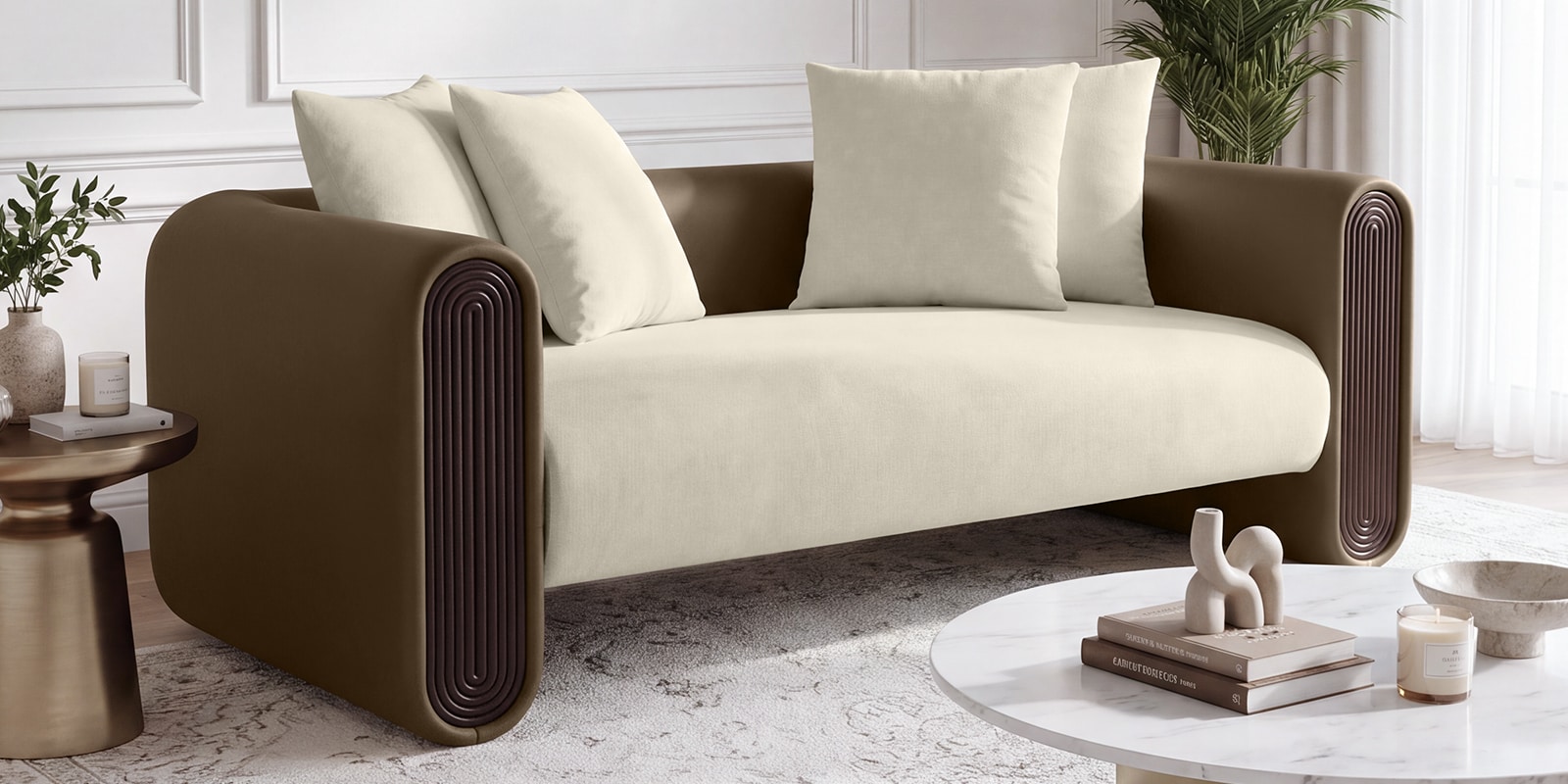 Arcade Leatherette 2 Seater Sofa with Solid Wood Fluting and Fabric Seat in Beige Colour Arcade Leatherette 2 Seater Sofa with Solid Wood Fluting and Fabric Seat in Beige Colour