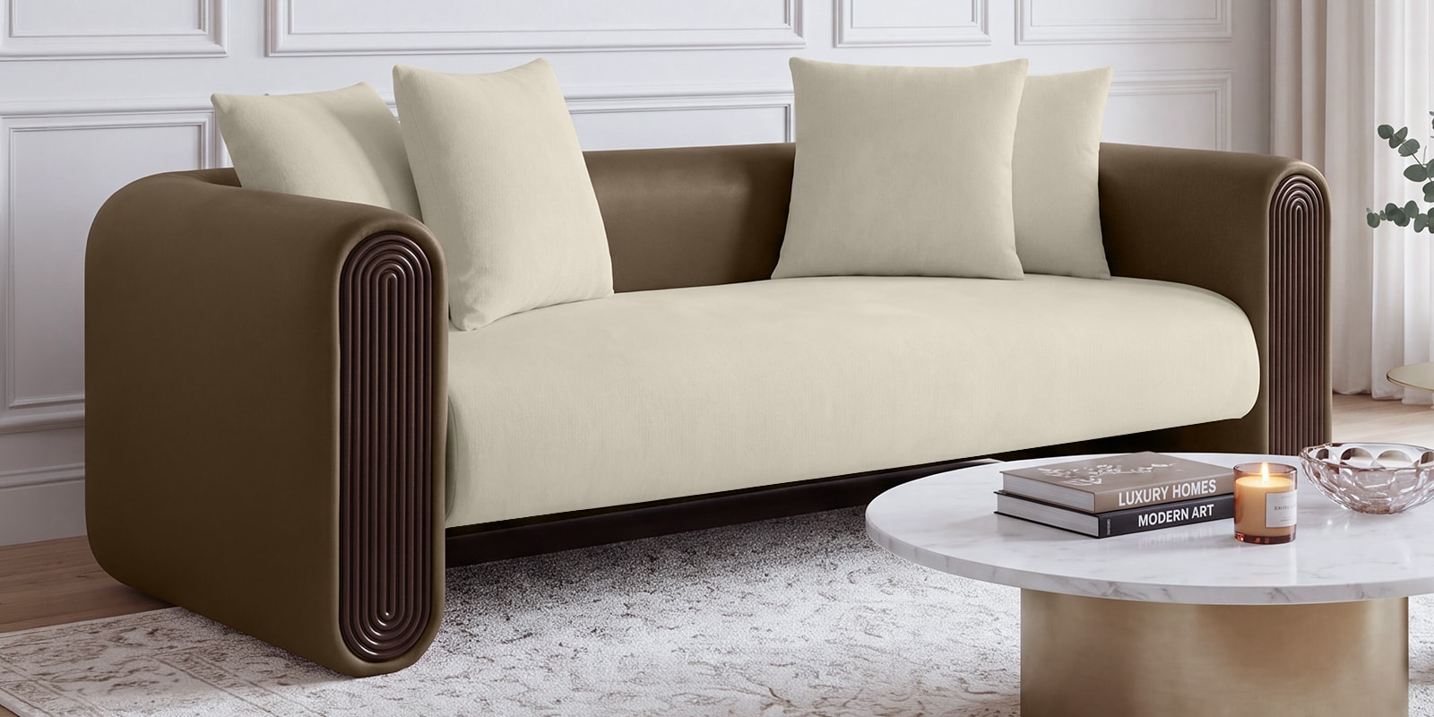 Arcade Leatherette 3 Seater Sofa with Solid Wood Fluting and Fabric Seat in Beige Colour Arcade Leatherette 3 Seater Sofa with Solid Wood Fluting and Fabric Seat in Beige Colour
