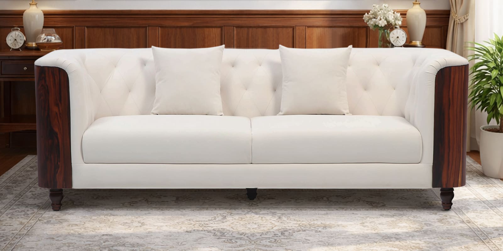 Arezzo Velvet 3 Seater Sofa With Bent Veneer Back in Soft Cream Colour