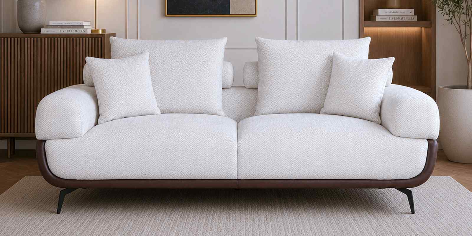 Arizona Leather Fabric 3 Seater Sofa In Beige And Brown Colour Arizona Leather Fabric 3 Seater Sofa In Beige And Brown Colour