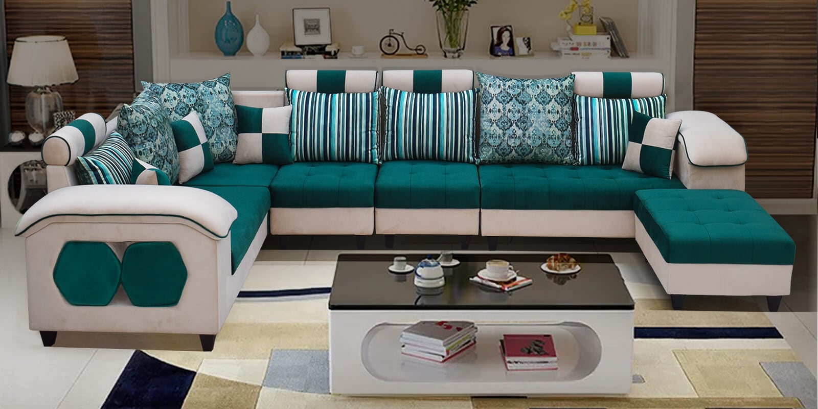 Orio Velvet Fabric 8 Seater RHS Sectional Sofa with Pouffee  In  Beige & Green Colour