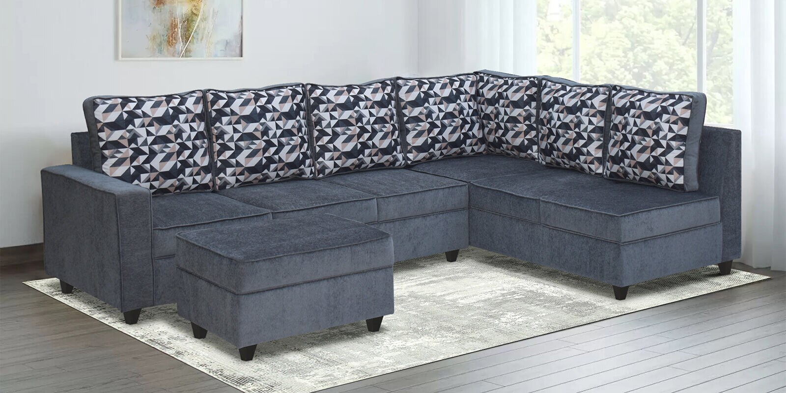 Sarah Fabric RHS 6 Seater Corner Sofa with Ottoman  In  Grey Colour