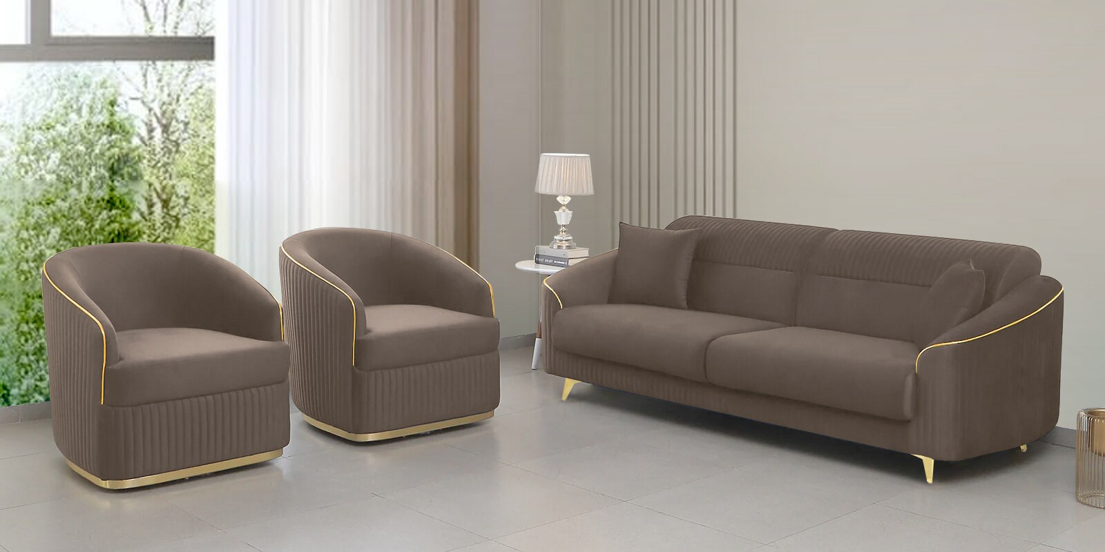 Victoria Velvet Sofa Set In Brown Colour (3+1+1)