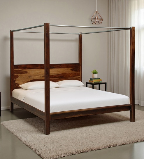 Arahus Sheesham Wood Queen Size Poster Bed in Provincial Teak Finish