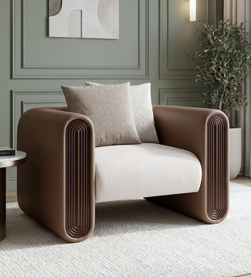 Arcade Leatherette 1 Seater Sofa with Solid Wood Fluting and Fabric Seat
