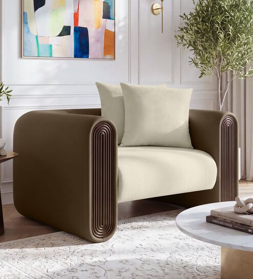 Arcade Leatherette 1 Seater Sofa with Solid Wood Fluting and Fabric Seat in Beige colour