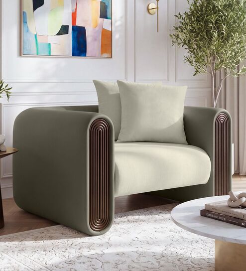 Arcade Leatherette 1 Seater Sofa with Solid Wood Fluting and Fabric Seat in Grey colour