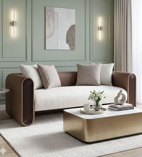 Arcade Leatherette 2 Seater Sofa with Solid Wood Fluting and Fabric Seat