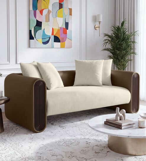 Arcade Leatherette 2 Seater Sofa with Solid Wood Fluting and Fabric Seat in Beige Colour