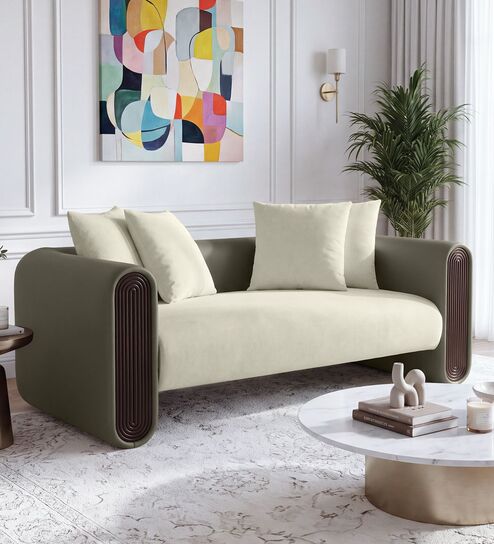 Arcade Leatherette 2 Seater Sofa with Solid Wood Fluting and Fabric Seat in Grey Colour