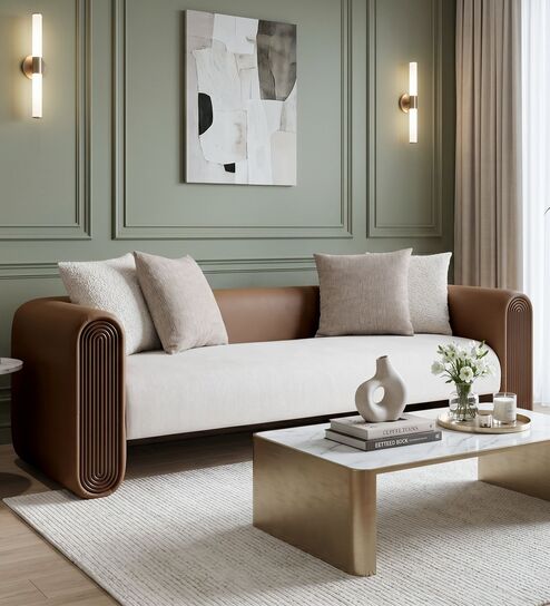 Arcade Leatherette 3 Seater Sofa with Solid Wood Fluting and Fabric Seat