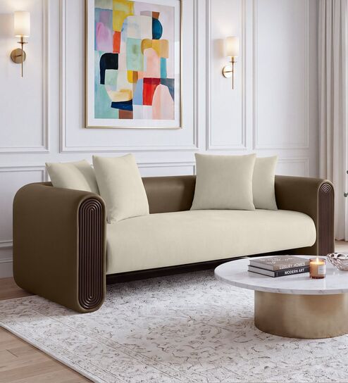 Arcade Leatherette 3 Seater Sofa with Solid Wood Fluting and Fabric Seat in Beige Colour