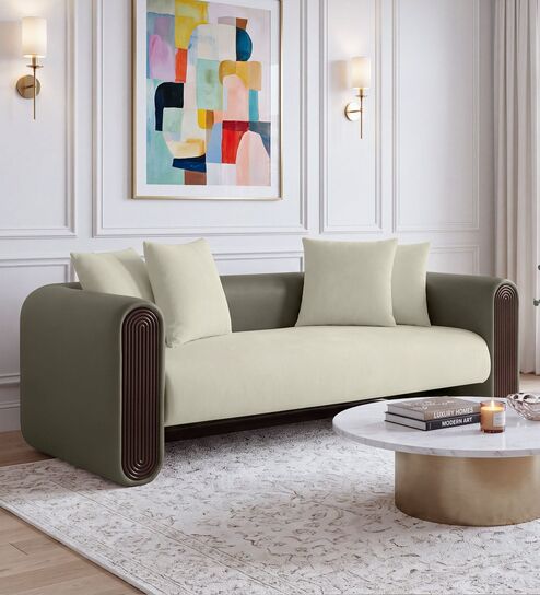 Arcade Leatherette 3 Seater Sofa with Solid Wood Fluting and Fabric Seat in Grey Colour