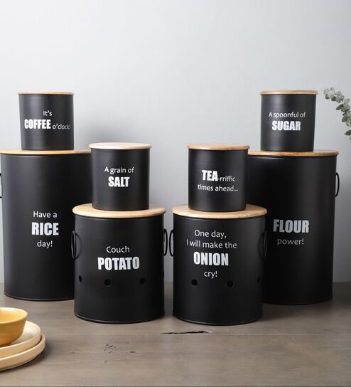 Ardura Black Metal 8 Pc Storage with Wooden Lids Containers Set