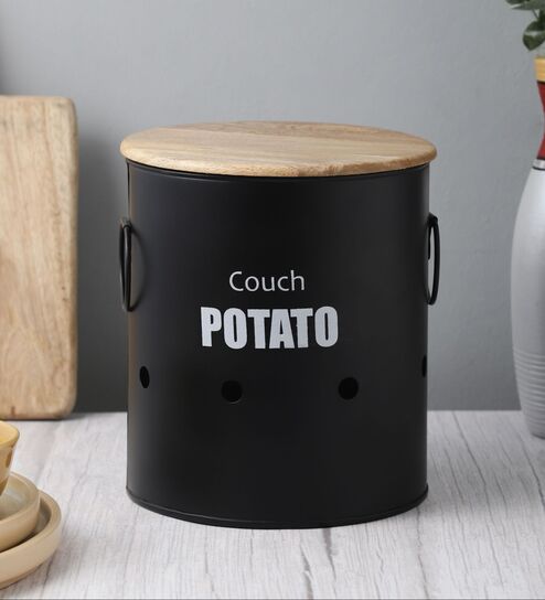 Ardura Black Metal Potato Container with Wooden Lid