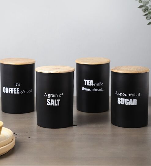 Ardura Black Metal Tea Sugar Coffee and Salt Containers with Wooden Lids Set of 4