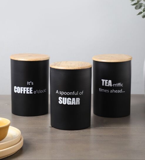Ardura Black Metal Tea Sugar Coffee Containers with Wooden Lids Set of 3