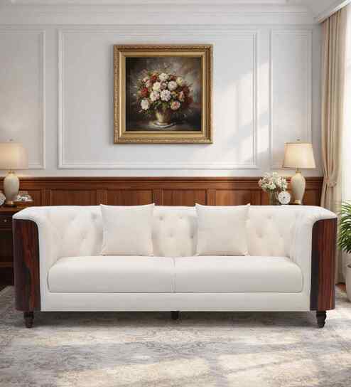 Arezzo Velvet 3 Seater Sofa With Bent Veneer Back in Soft Cream Colour