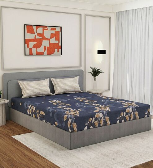 Blue Floral 180 TC Polyester Double Size Bedsheet With 2 Pillow Covers