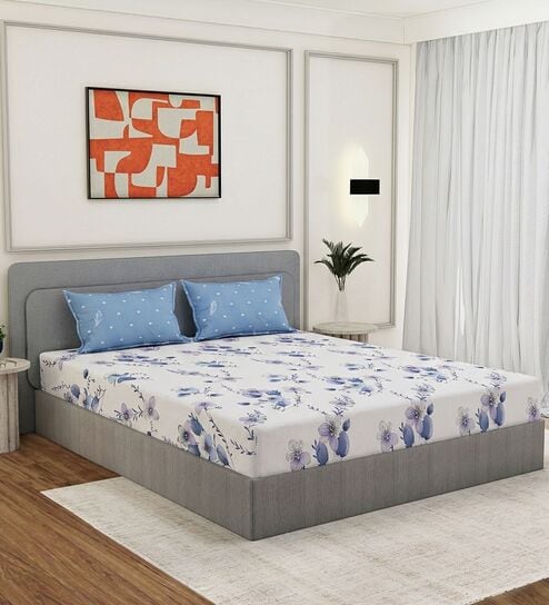 Blue Floral 180 TC Polyester Double Size Bedsheet With 2 Pillow Covers