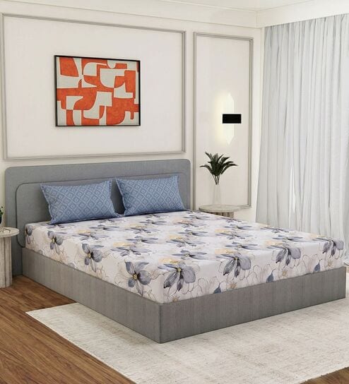 Blue Floral 180 TC Polyester Double Size Bedsheet With 2 Pillow Covers