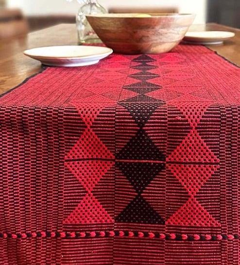 Arrowhead Handwoven Cotton Striped Pattern Heat Resistant Anti Skid Washable Black & Red 6 Seater (14x72inches) Table Runner for Dining Table
