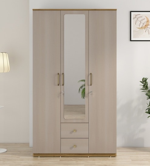 Arsenio 3 Door Wardrobe With Drawer & Locker In Natural Teak Finish