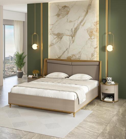 Arsenio Queen Size Bed With Full Hydraulic Storage In Natural Teak Finish