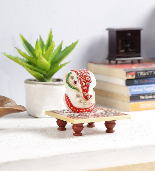 Multicolour Marble Ganesha with Chowki Idol by Art of Jodhpur