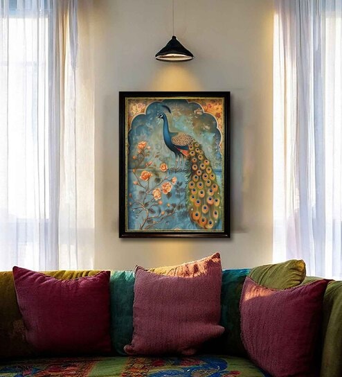 Art Street Framed Wall Art Print Traditional Mughal Art Peacock Poster (Blue, 18x22 Inch)