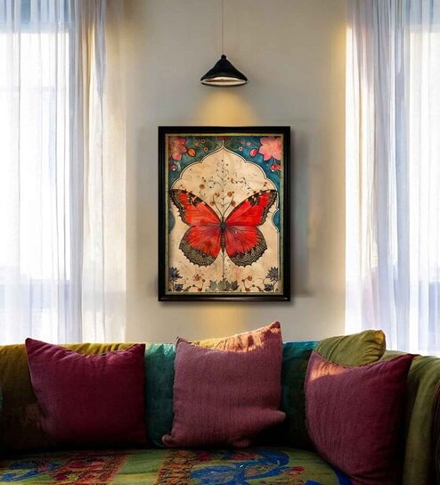 Art Street Framed Wall Art Print Vintage Indian Butterfly Ornate Portrait Poster (Red, 18x22 Inch)