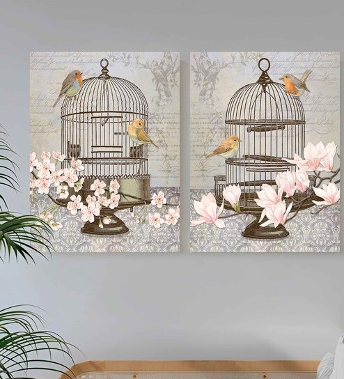 Art Street Set of 2 Floral Stretched Canvas Painting Bird Theme With Cage Print For Home