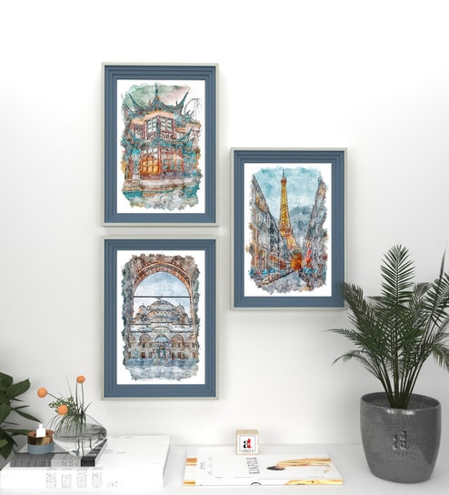 Art Street Set of 3 City Theme Blue Framed Art Prints for Wall D cor