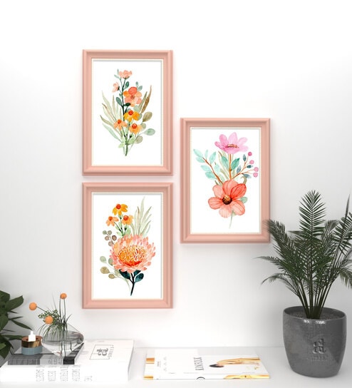 Art Street Set of 3 Peach & Yellow Floral Pink Framed Art Prints for Wall D cor
