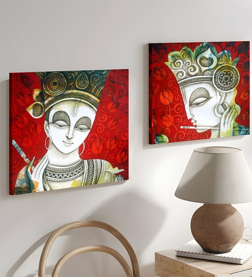 Art Street Sri Krishna Theme in Red Background Stretched Canvas Painting (Set Of 2, 12x12 Inch)