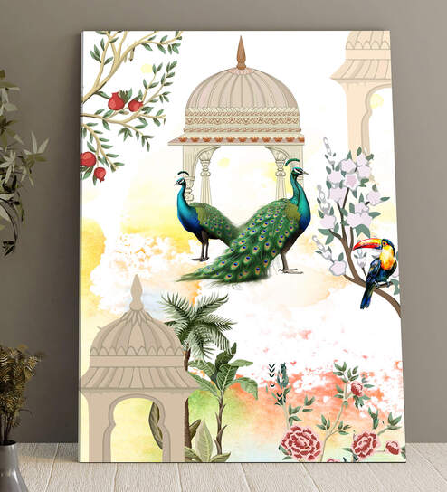 Art Street Stretched Canvas Painting of the Mughal Garden with Peacock for Home Decoration
