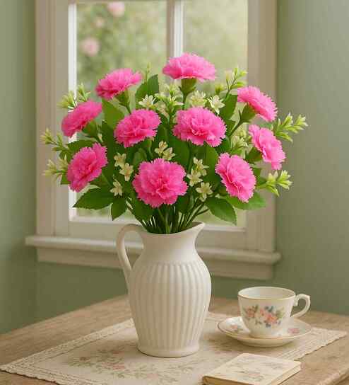 Set Of 2 Pink Plastic Carnation Artificial Flowers