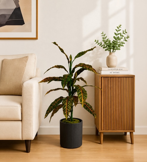 Green Fabric Artificial Croton Plant with Pot