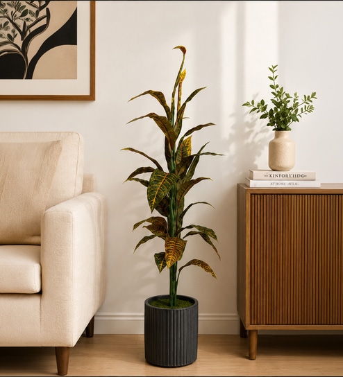 Green Fabric Artificial Croton Plant with Pot