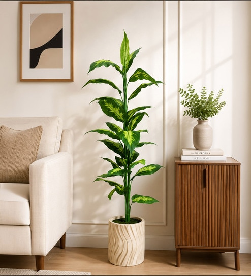 Green Fabric Artificial Dieffenbachia Plant with Pot