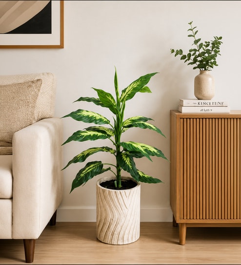 Green Fabric Artificial Dieffenbachia Plant with Pot