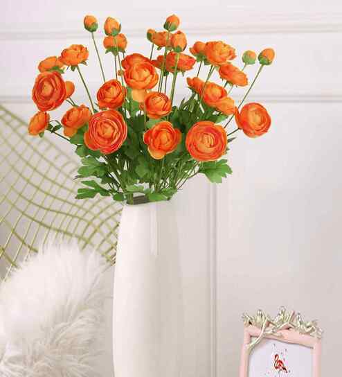Orange Plastic 3 Sticks Faux Fake Artificial Flowers