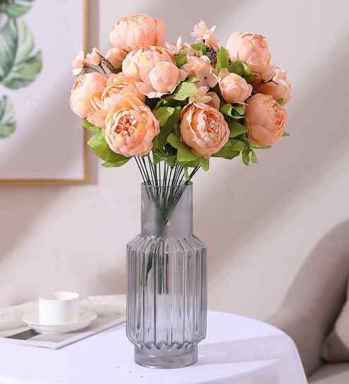 Set Of 2 Yellow Plastic 12 Flowers Silk Rose Artificial Flowers