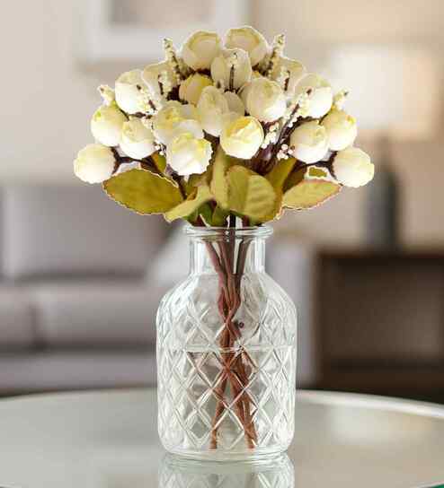 Set Of 2 White Plastic Rose Bunch Artificial Flowers