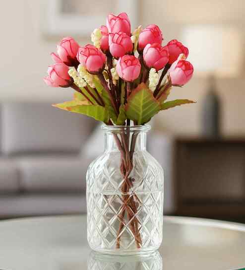 Set Of 2 Red Plastic Rose Bunch Artificial Flowers